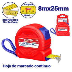 CINTA METRICA 8 METROS, HOJA DE 25MM, CUBIERTA DE PLASTICO ABS, RESISTENTE A IMPACTOS. MARCA EMTOP
