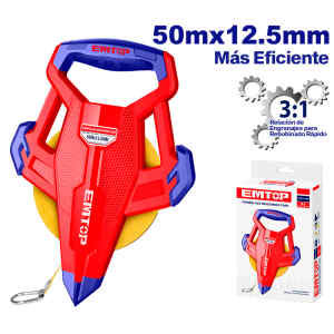 CINTA METRICA FIBRA DE VIDRIO DE 50 MTS DE LARGO, 12.5MM DE ANCHO, MANGO ERGONOMICO. MARCA EMTOP