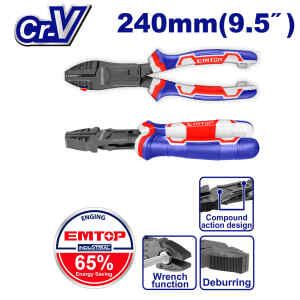 ALICATE COMBINADO 9.5 PULG, MATERIAL CR-V, REVESTIMIENTO DE TEFLON, MANGO TPR DE 3 COLORES AGARRE FUERTE, COMODO. EMTOP