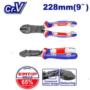 ALICATE CORTE DIAGONAL 9 PULG, MATERIAL CR-V, REVESTIMIENTO DE TEFLON, MANGO TPR DE 3 COLORES AGARRE FUERTE,COMODO.EMTOP