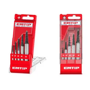 JUEGO DE 5 EXTRACTORES DE TORNILLOS, MEDIDA DE No.1 AL No.5, CON CAJA PLASTICA. MARCA EMTOP