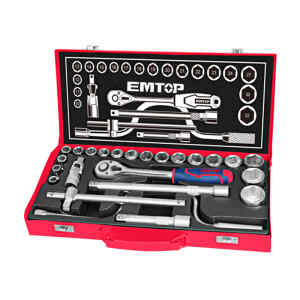JUEGO DE 24 HERRAMIENTAS MECANICAS, COPAS RAIZ DE 1/2 PULG, CON EXTENSION Y RATCHET. MARCA EMTOP