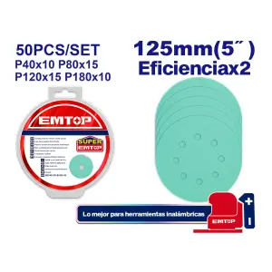 PAQUETE DE 50 DISCOS DE LIJA CON VELCRO, GRANO SURTIDO, 40, 80, 120 Y 180. EMTOP