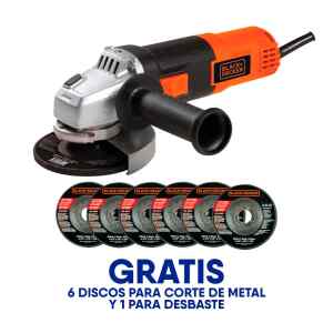 PULIDORA DE 4-1/2 PULG, 820 WATTS CON 6 DISCOS P/CORTE METALY 1 DESBASTE, SWITCH BOTON DESLIZANTE. BLACK AND DECKER