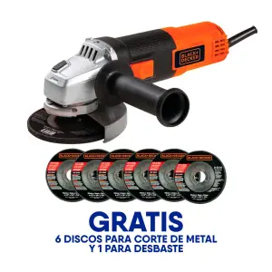 PULIDORA DE 4-1/2 PULG, 820 WATTS CON 6 DISCOS P/CORTE METALY 1 DESBASTE, SWITCH BOTON DESLIZANTE. BLACK AND DECKER