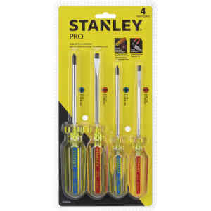 JUEGO DE 4 DESTORNILLADORES PRO,2 PLANOS, ANCHO 1/4 Y 3/16,LARGO 4 PULG, 2 PHILLIPS, No.1 Y 2, LARGO 4 PULG. STANLEY