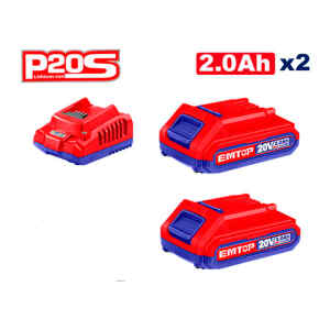 KIT DE CARGADOR Y 2 BATERIAS DE 20 VOLTIOS 2AH. MARCA EMTOP