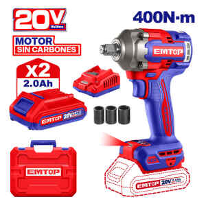LLAVE DE IMPACTO INALAMBRICA DE 1/2, 20 VOLTIOS, BRUSHLESS, TORQUE 400NM, 3 VELOCIDADES. EMTOP