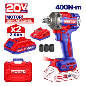 LLAVE DE IMPACTO INALAMBRICA DE 1/2, 20 VOLTIOS, BRUSHLESS, TORQUE 400NM, 3 VELOCIDADES. EMTOP