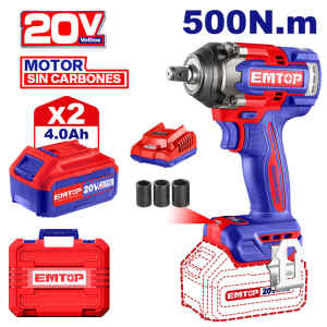 LLAVE DE IMPACTO INALAMBRICA DE 1/2, 20 VOLTIOS, MOTOR BRUSHLESS, TORQUE 500NM, 3 VELOCIDADES. EMTOP