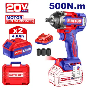 LLAVE DE IMPACTO INALAMBRICA DE 1/2, 20 VOLTIOS, MOTOR BRUSHLESS, TORQUE 500NM, 3 VELOCIDADES. EMTOP