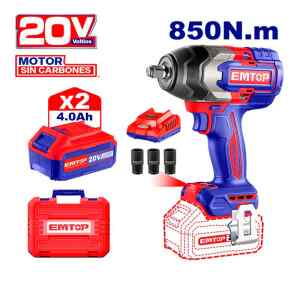 LLAVE DE IMPACTO INALAMBRICA DE 1/2, 20 VOLTIOS, MOTOR BRUSHLESS, TORQUE 850NM, 3 VELOCIDADES. EMTOP