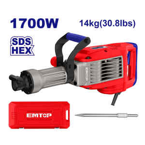 DEMOLEDOR DE 14 KILOS HEXAGONAL 1,700 WATTS, FUERZA 50 JOULES, 1,900 GPM. MARCA EMTOP