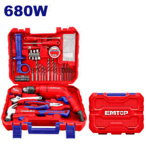 KIT BARRENO PERCUTOR DE 680 WATTS, MANDRIL DE 1/2, CON 122 PIEZAS Y MALETA PLASTICA. MARCA EMTOP