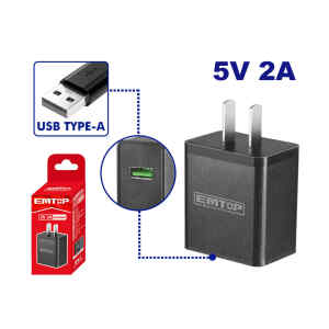 CARGADOR CON PUERTO DE CARGA USB TIPO A, VOLTAJE DE SALIDA 5V Y 2AMP.MARCA EMTOP