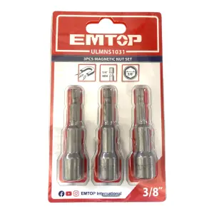 JUEGO DE 3 SUJETADORES MAGNETICOS, TUERCA RAIZ DE 3/8 PULG, LARGO 2-9/16 PULG, ENCASTRE 1/4 PULG. MARCA EMTOP
