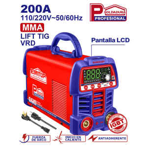 SOLDADORA INVERTER MMA/TIG LIFT, 200 AMPERIOS, 110 Y 220 VOLTIOS, PANTALLA LCD TEGNOLOGIA INVERTER IGBT. EMTOP