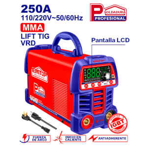 SOLDADORA INVERTER MMA/TIG LIFT, 250 AMPERIOS, 110 Y 220 VOLTIOS, PANTALLA LCD, TEGNOLOGIA INVERTER IGBT. MARCA EMTOP