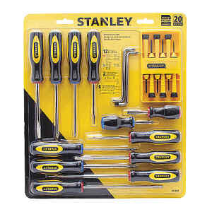 JUEGO DE 20 DESTORNILLADORES, 3 PUNTA GABINETE, 4 ESTANDAR, 5 PHILLIPS, 6 DE PRESICION, 2 ACODADOS. MARCA STANLEY