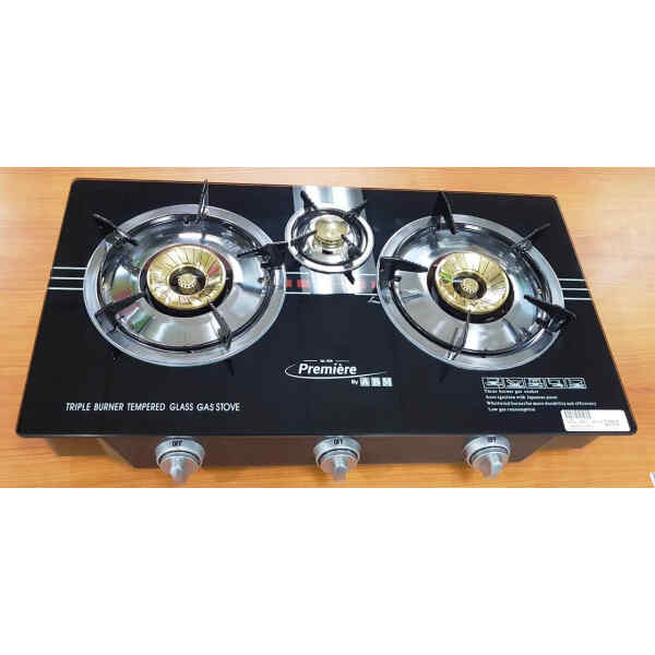 Estufa a gas de 3 hornillas top de Vidrio negro | PREMIERE BY ABM